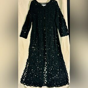 vintage • Sophie Chang black lace duster crochet maxi jacket boho festival 90s